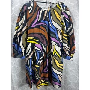 WHO WHAT WEAR XXL Abstract Print Tie‎ Back Midi Dress Puff Sleeve